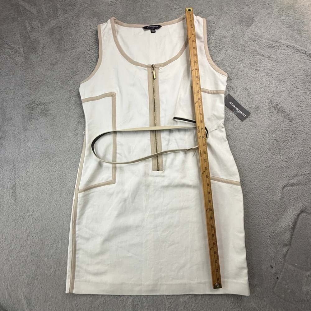 NWT Sharagano Womens White Tan Belted Zip Front Sleeveless Sheath Dress Size 16 - Picture 7 of 14